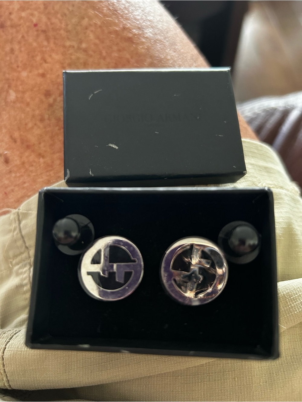 Giorgio Armani Silver Logo Cufflinks with Black Details